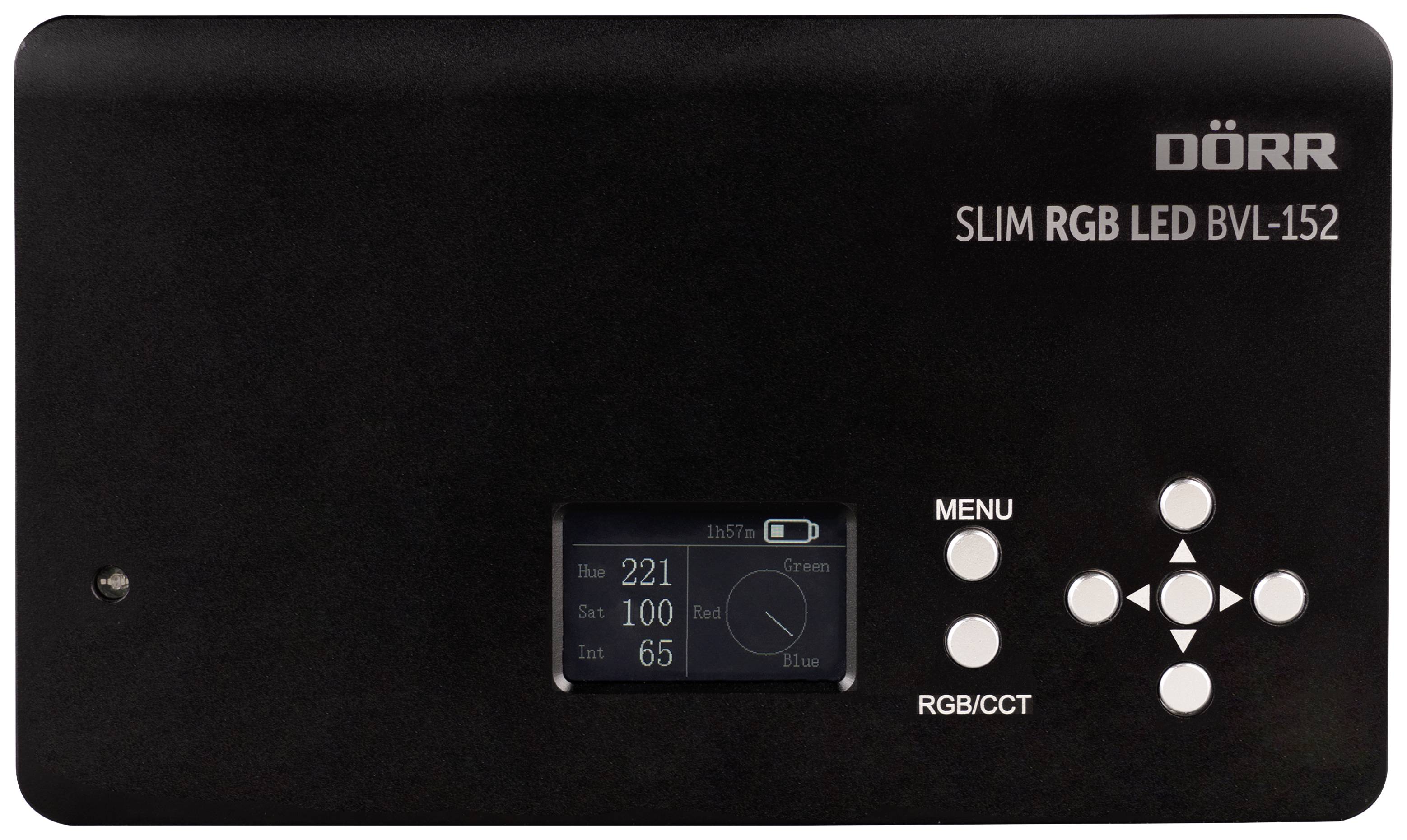 'DOERR SLIM RGB LED BVL-152'; Displej zobrazuje čísla 221, 100, 65; vpravo ovládací tlačítka; pro nastavení barev a jasu.