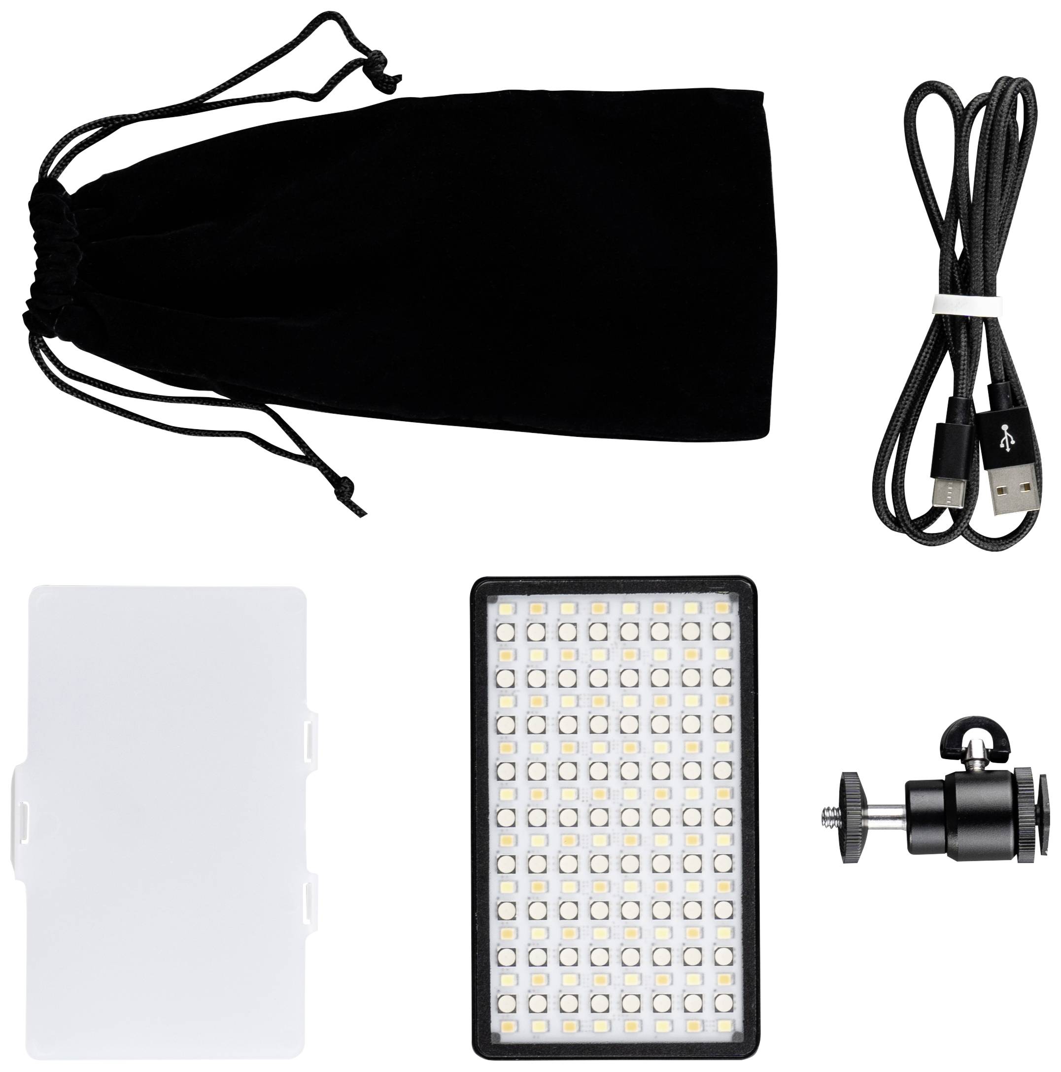 Sada LED osvětlení s USB kabelem, přenosnou taškou, difuzní deskou a držákem. Ideální pro fotografování a natáčení videí.
