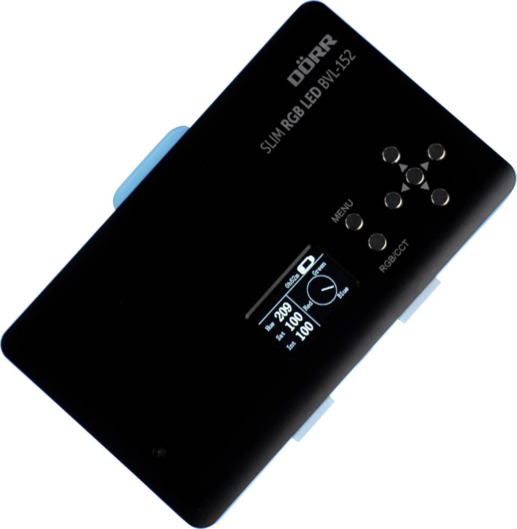 Černá LED lampa s displejem zobrazujícím jas a teplotu barev. Ovládání pomocí postranních tlačítek, kompaktní design.