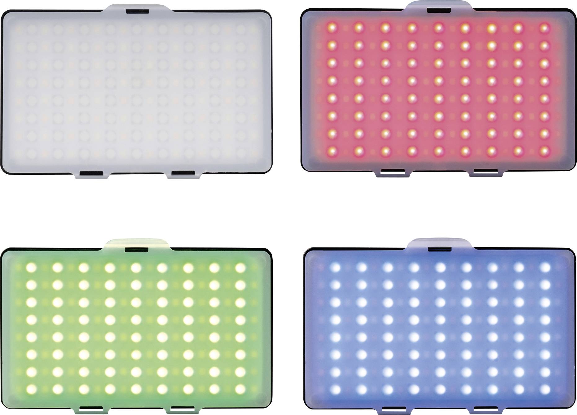 Čtyři LED panely v různých barvách: nahoře vlevo bílá, nahoře vpravo červená, dole vlevo zelená, dole vpravo modrá.