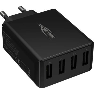 Černá USB nabíječka se čtyřmi USB porty s eurozástrčkou. Logo společnosti Ansmann je viditelné na horní straně zařízení.