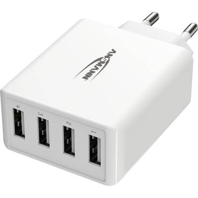 Bílá USB nabíječka se čtyřmi porty s evropskou zástrčkou, vhodná pro současné nabíjení několika zařízení.