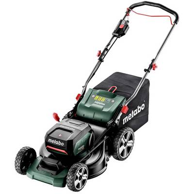 Metabo bezšňůrová sekačka na trávu s košem, zobrazená v úhlu na bílém pozadí.