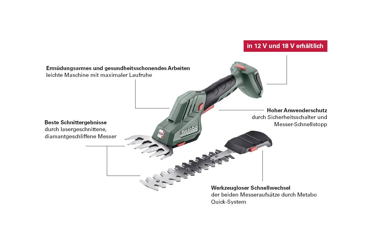 Akumulátorové nůžky na trávu Metabo GS 18 LTX C s ergonomickým designem, rychlou výměnou nože a diamantově broušeným ostřím pro přesný střih.