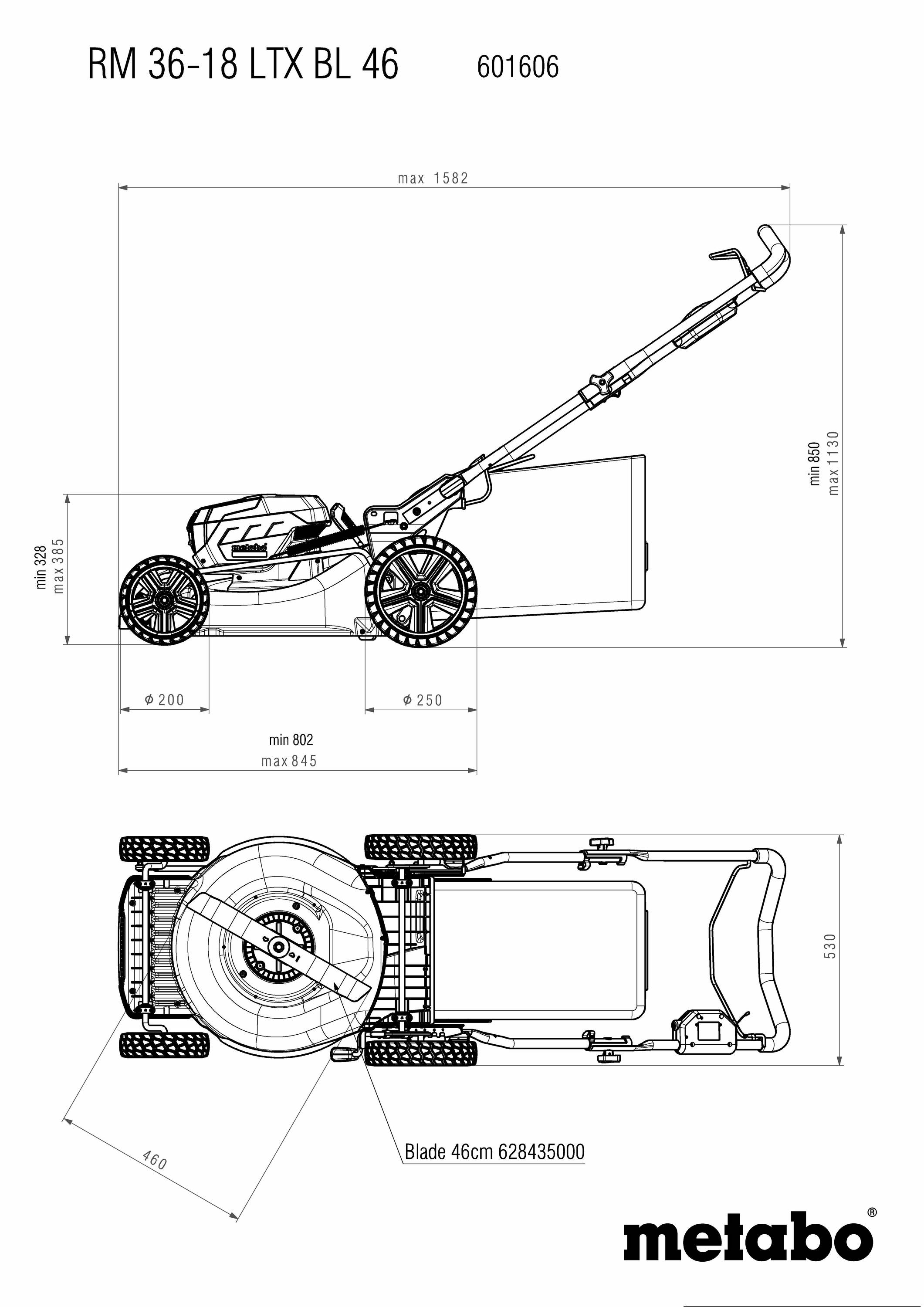 Technický nákres sekačky Metabo RM 36-18 LTX BL 46 s rozměry. Boční a horní pohled s detaily.