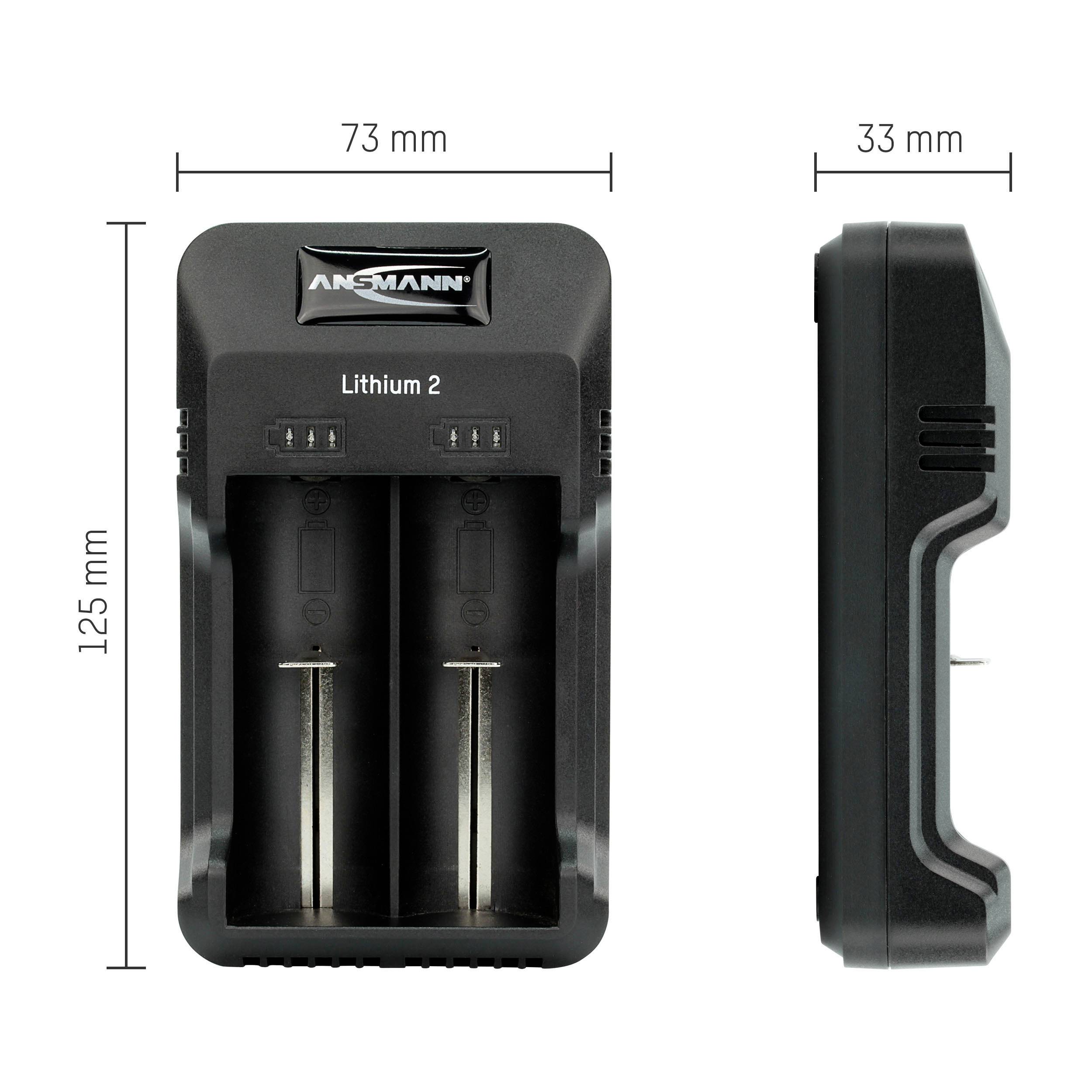 Nabíječ 'Lithium 2', přední a boční pohled. Rozměry: 125 x 73 x 33 mm. Prostory pro dvě baterie. Viditelný název značky.
