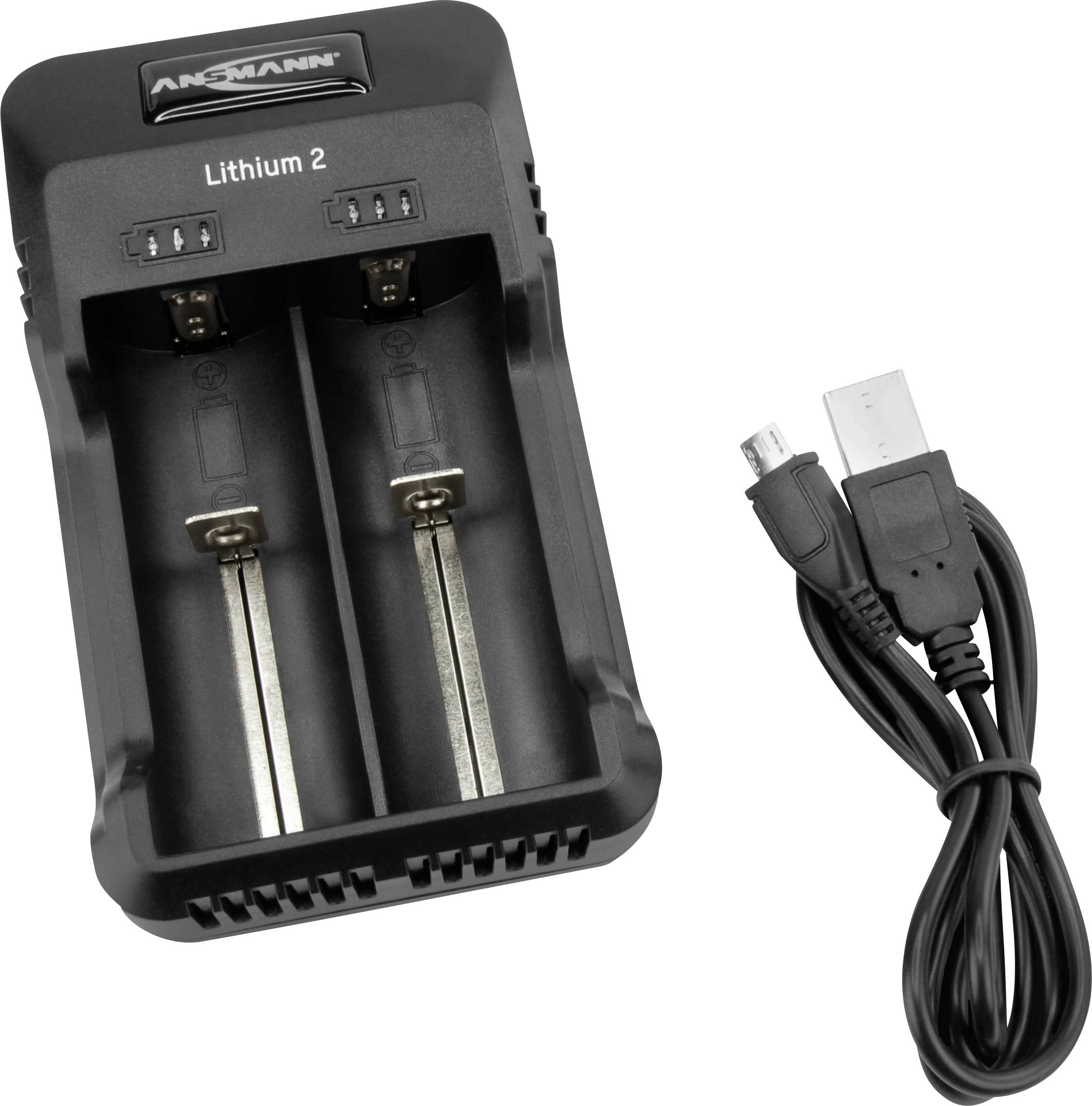 Nabíječka pro dvě lithiové baterie s USB kabelem vedle. Černá, kompaktní.