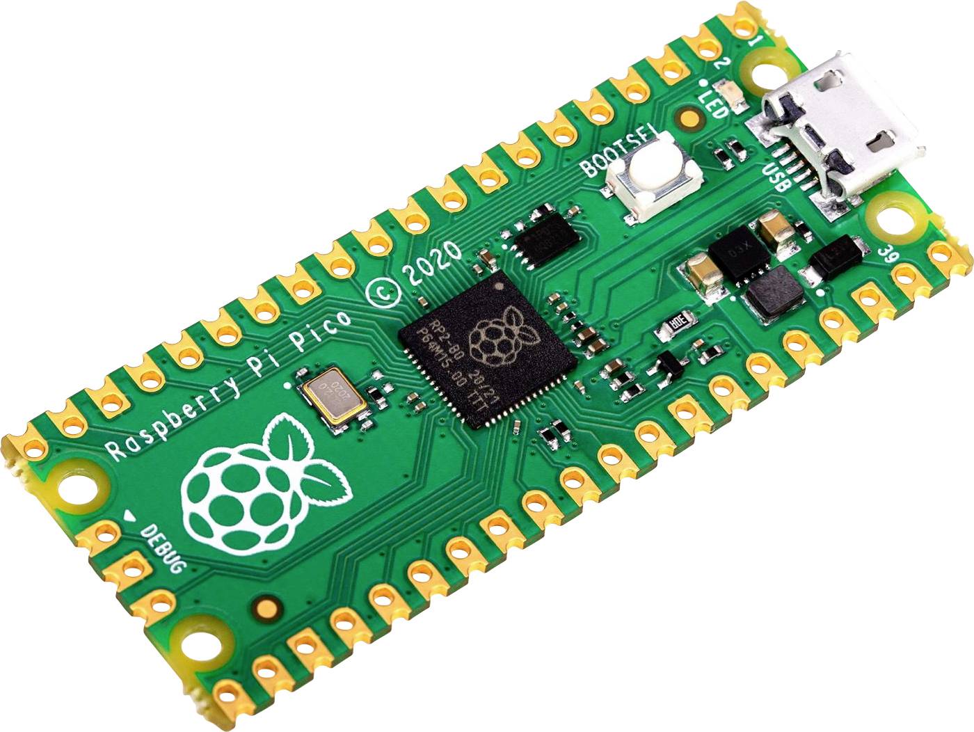 Zelená deska mikrokontrléru s nápisem 'Raspberry Pi Pico', USB portem a různými přípojkami.