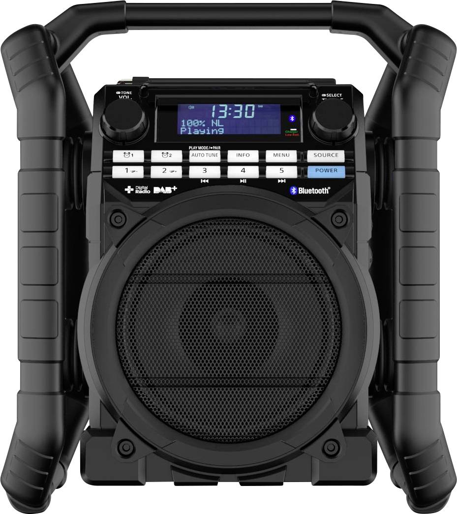PerfectPro Teamplayer 2 odolné rádio FM, DAB+ Bluetooth, AUX, DAB+, FM s USB nabíječkou, nárazuvzdorné, s akumulátorem, funkce alarmu černá