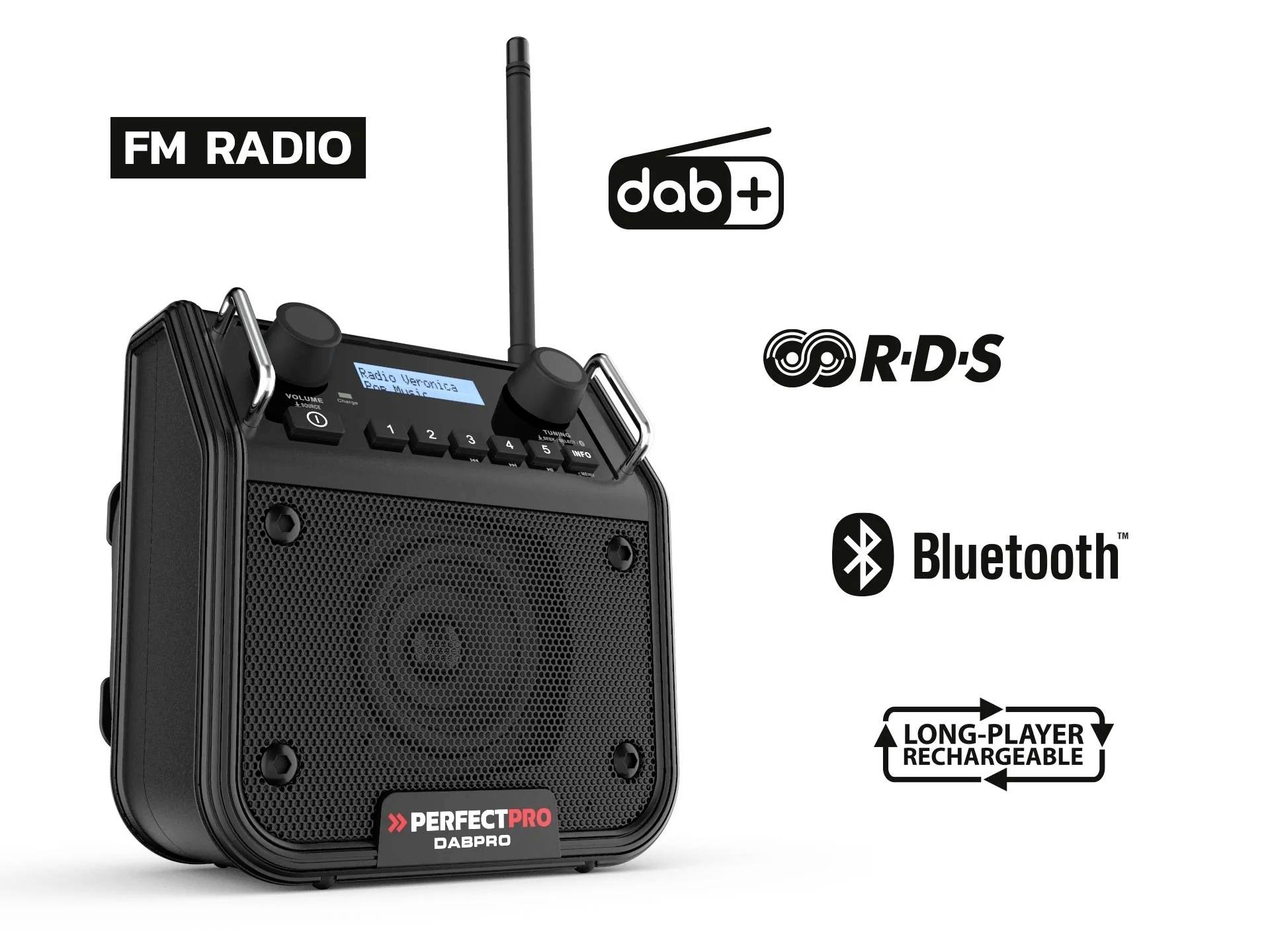 Kompaktní rádio s FM, DAB+, RDS a funkcí Bluetooth. Vhodné pro dlouhodobý provoz s dobíjecí baterií.