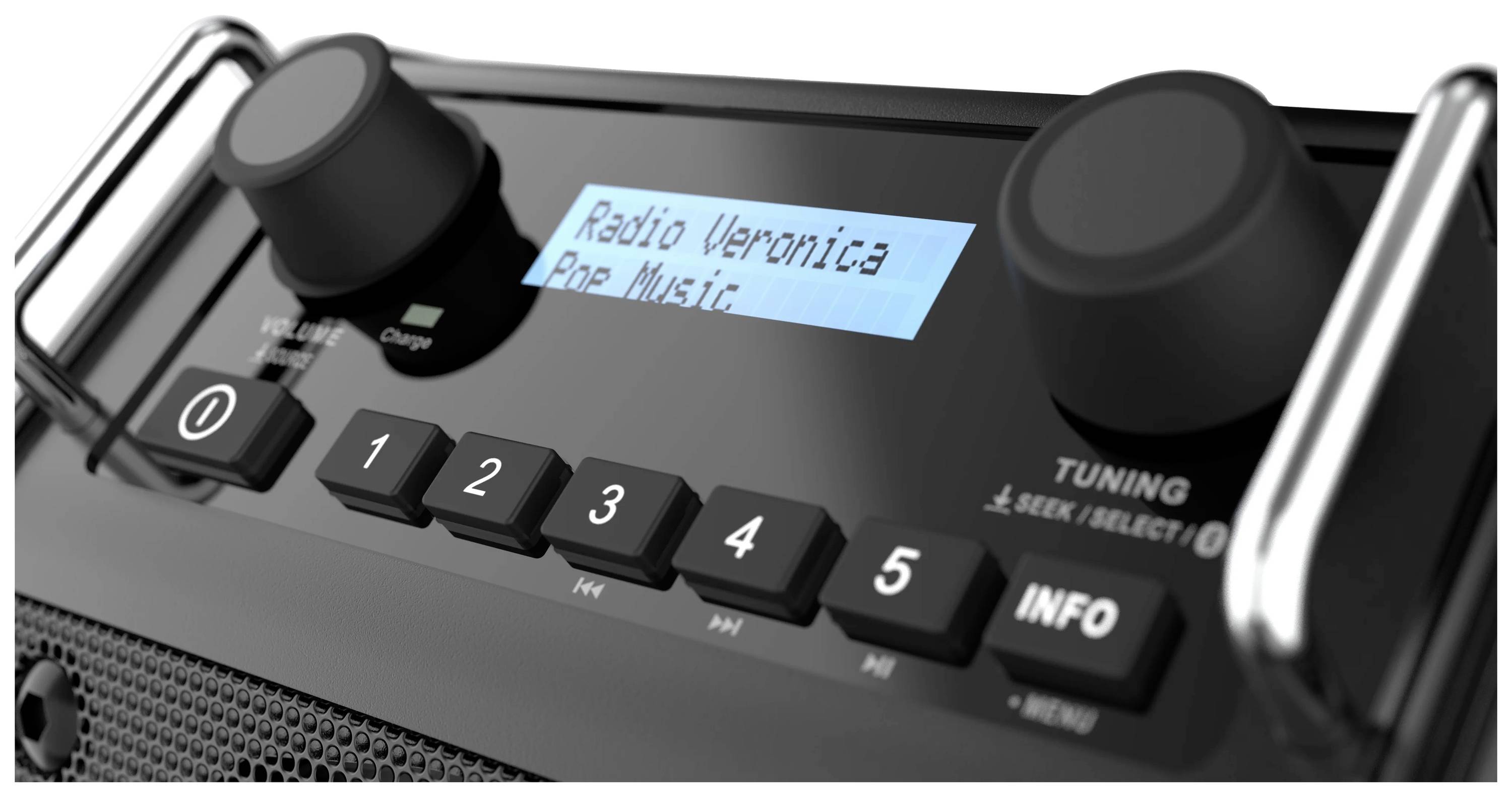 Rádio s displejem zobrazuje text 'Radio Veronica Pop Music'. Ovládací panel má tlačítka od 0 do 5 a knoflíky pro ladění a hlasitost.