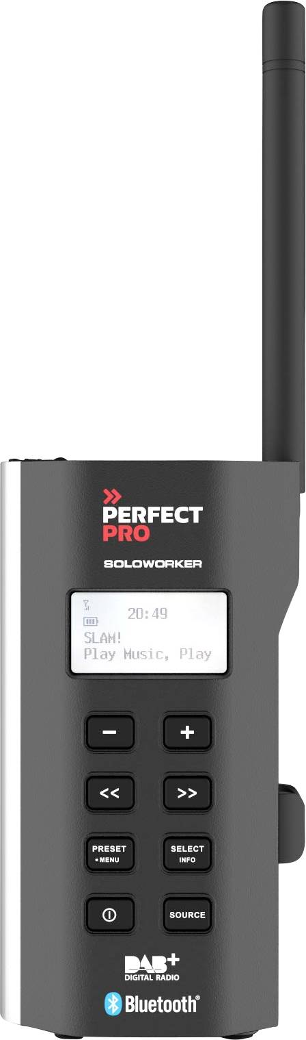 Přenosné DAB+ rádio s funkcí Bluetooth, klávesnicí a malým displejem. Značka 'PerfectPro Workman'.