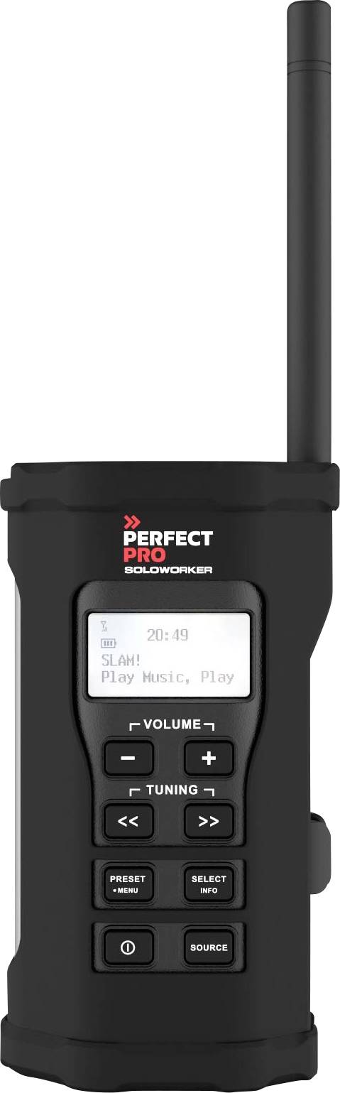 Přenosné rádio s tlačítky pro ovládání hlasitosti, výběr stanice a přehrávání. Nahoře logo 'PerfectPro'. Display zobrazuje 'Play Music'.
