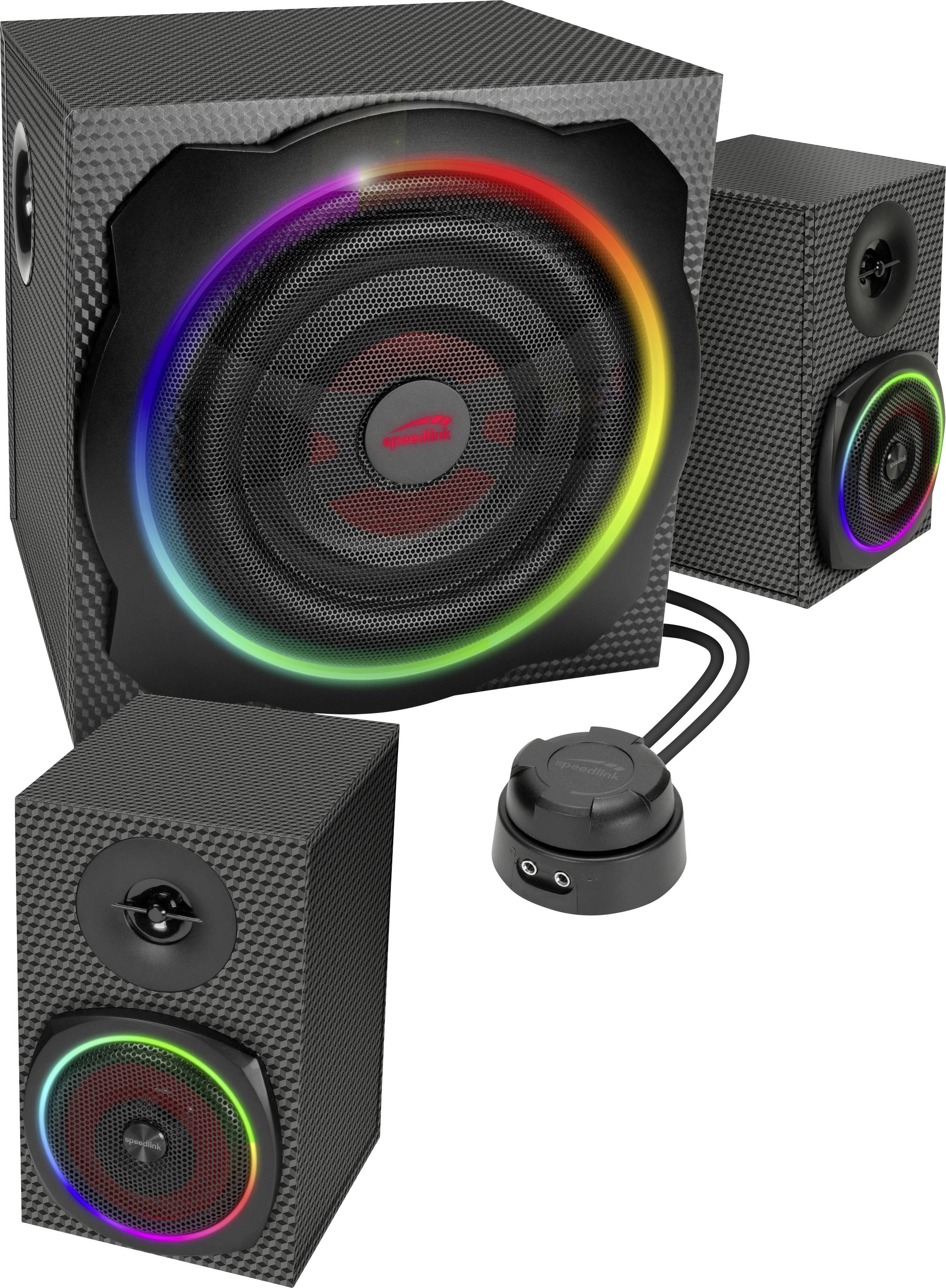 Černý reproduktorový systém s LED světly v barvách duhy. Dva menší reproduktory a subwoofer s ovládacím tlačítkem.