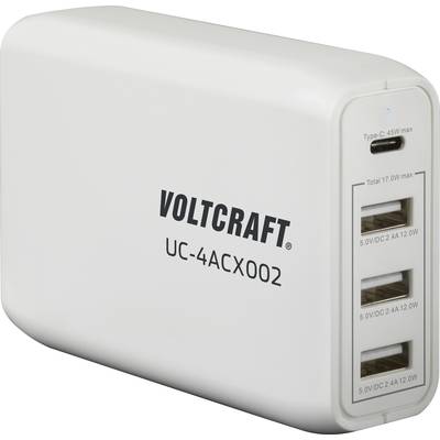 Bílá nabíječka se čtyřmi USB porty pro 5 V a jedním USB-C portem o výkonu 45 W. Vpředu vytištěná značka 'VOLTCRAFT'.