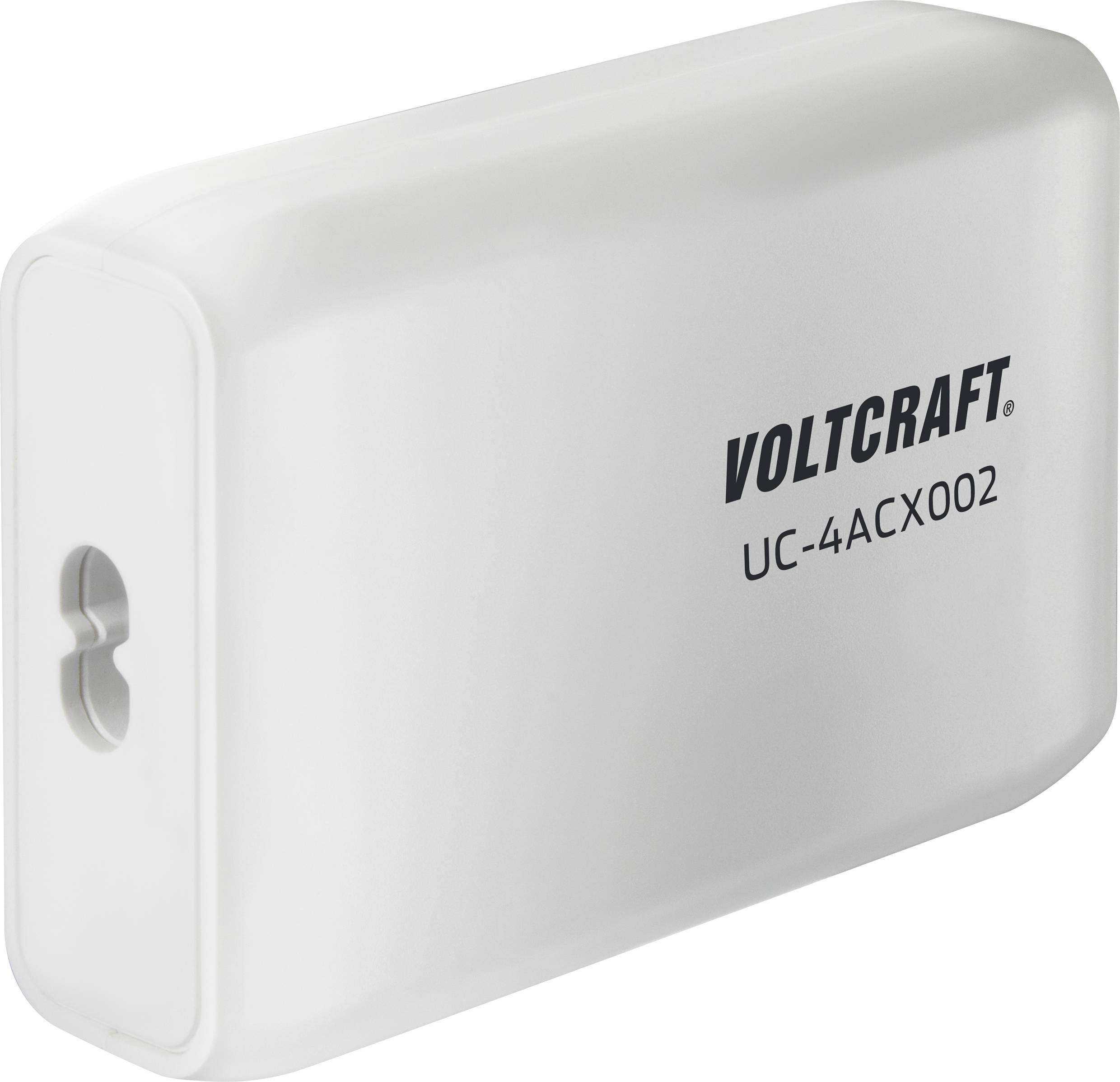 Bílá, obdélníková nabíječka s nápisem 'Voltcraft UC-4ACX002'.