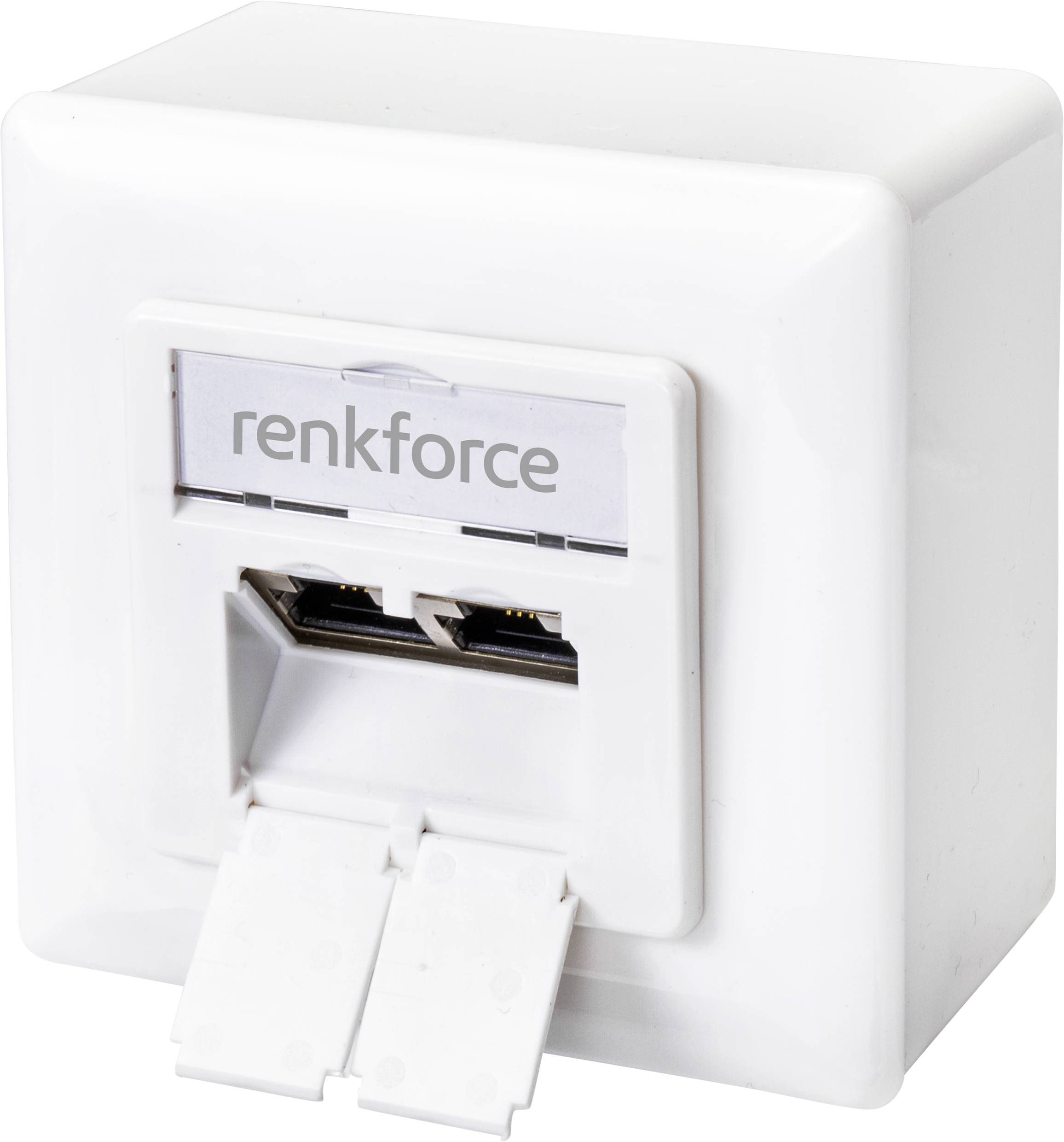Bílá síťová zásuvka se dvěma ethernetovými porty, krytá dvěma klapkami, s označením textem 'renkforce'.