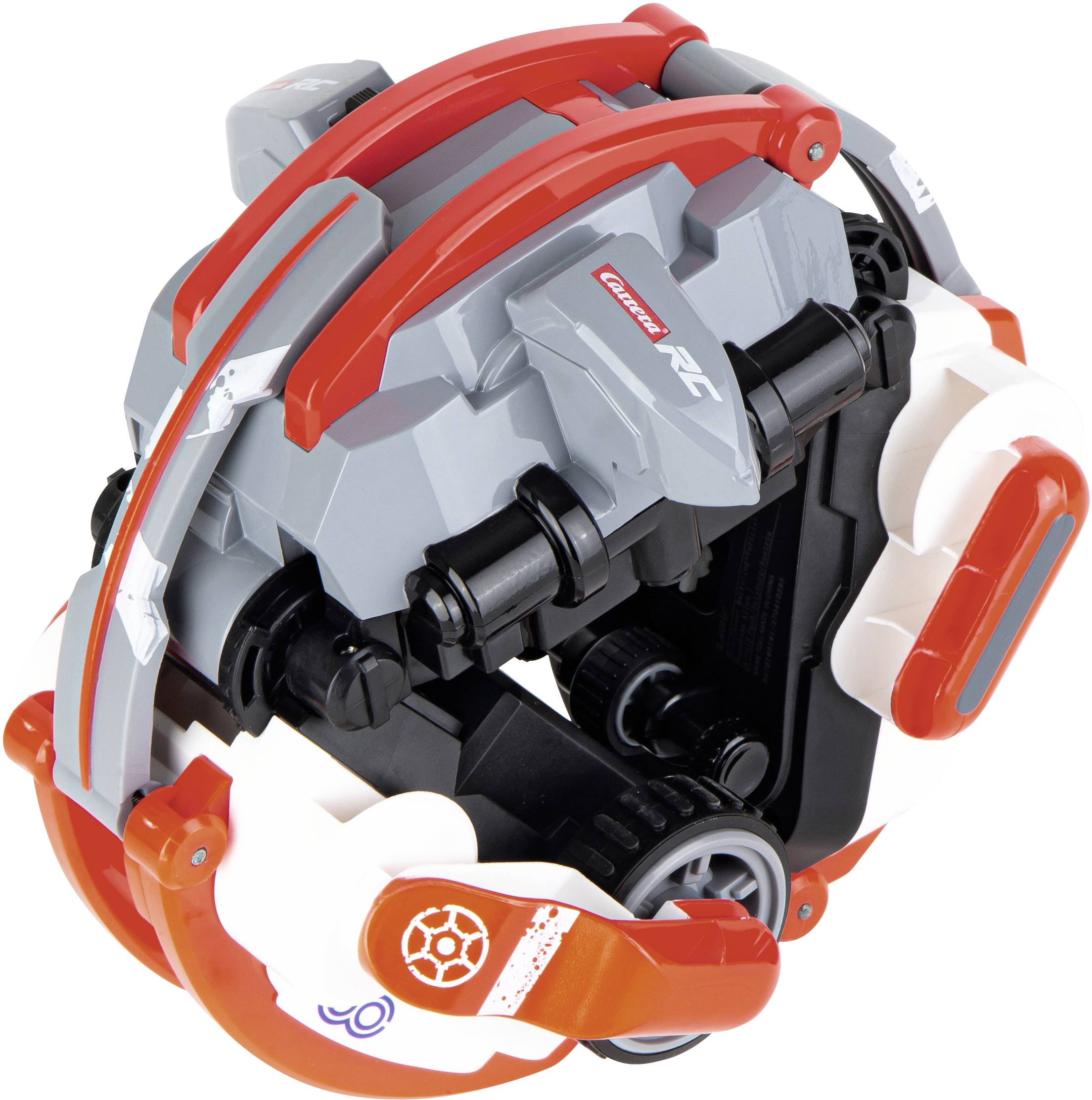 Červený a šedý dálkově ovládaný hračkářský robot, kulovitého tvaru, s koly a sklopným mechanismem.