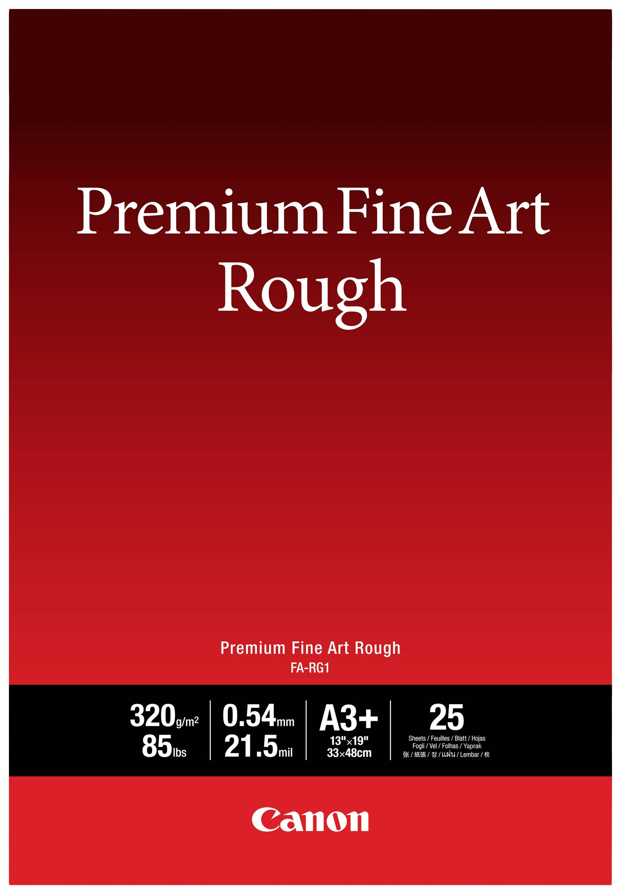 Papírový obal Canon pro 'Premium Fine Art Rough'. Parametry: 320 g/m², 85 lbs, tloušťka 0,54 mm, formát A3+, 25 listů.