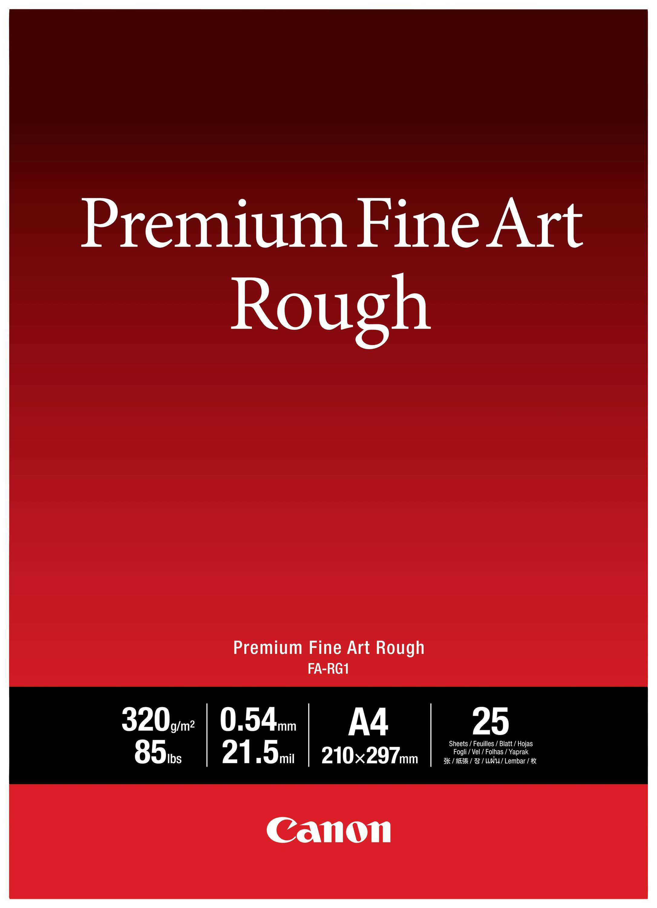 Papírový obal 'Canon Premium Fine Art Rough' s detaily: 320g/m², A4, 25 listů.