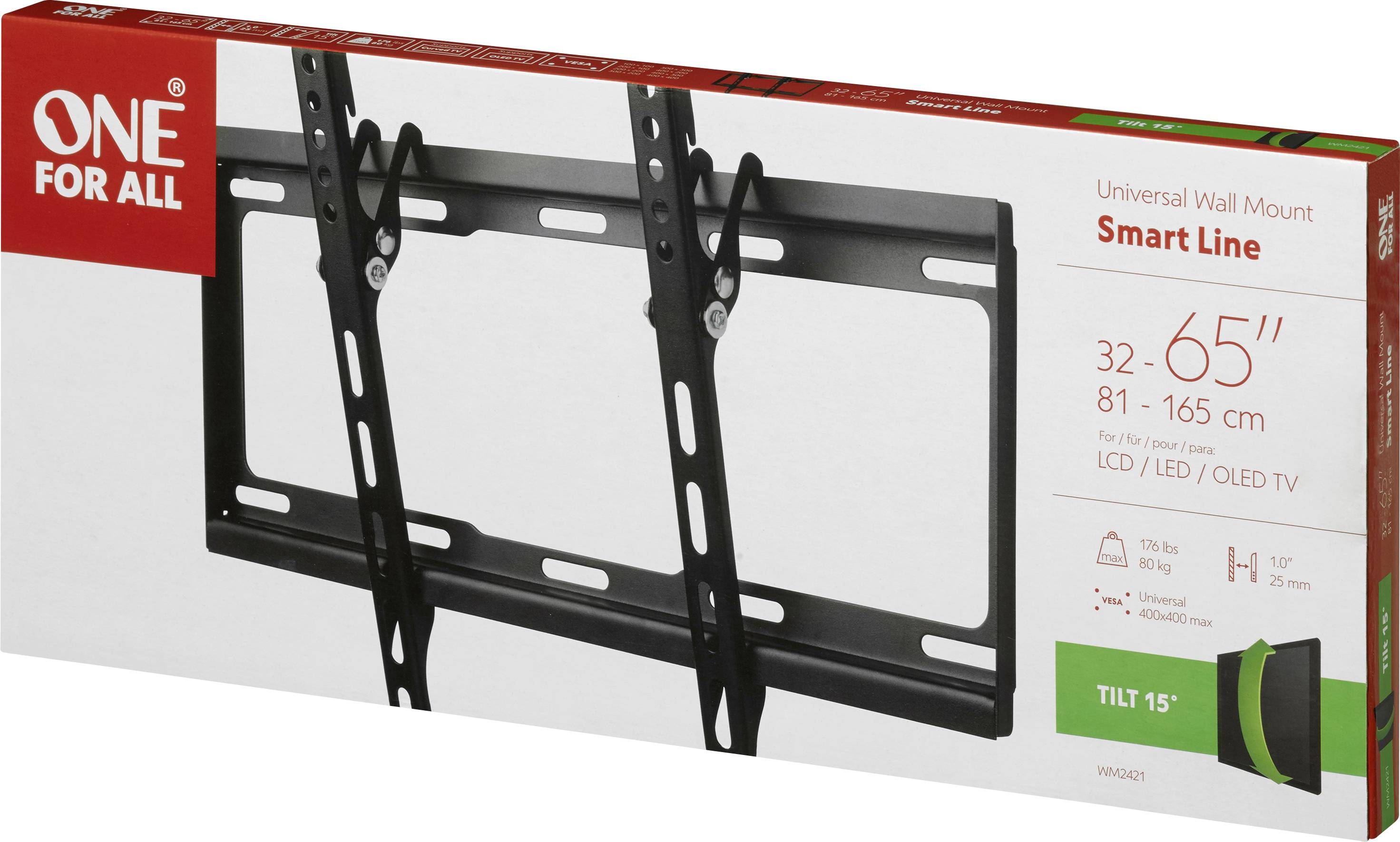 Nástěnný držák TV 'ONE FOR ALL', pro velikosti TV 32-65 palců (81-165 cm), naklápěcí o 15 stupňů. Kompatibilní s LCD, LED, OLED televizory. Maximální nosnost 50 kg.