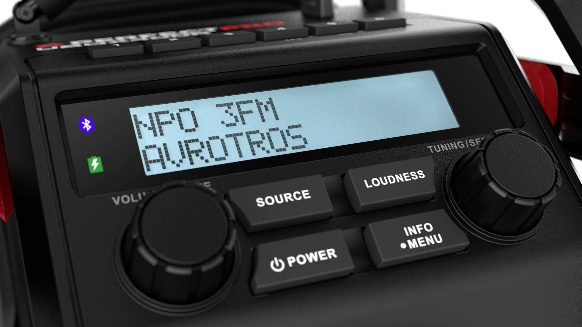 Digitální rádio zobrazuje 'NPO 3FM AVROTROS'. Ovládací tlačítka pro hlasitost, zdroj a hlasitost.