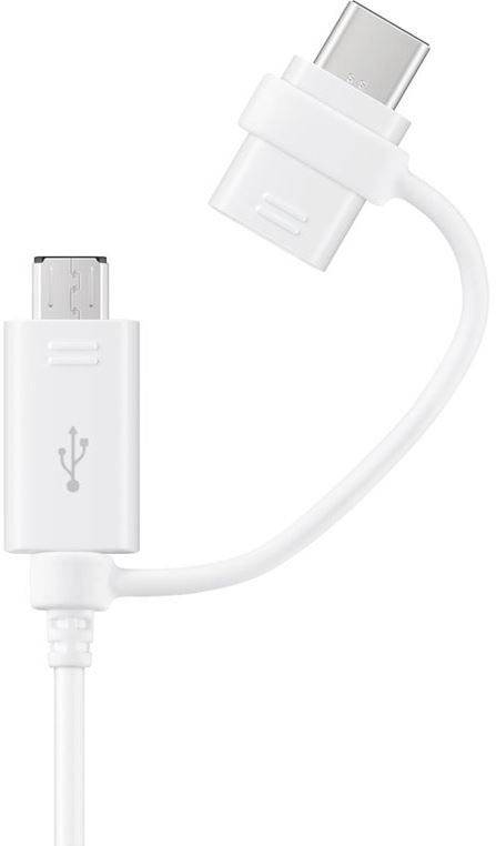 Bílé USB kabely se dvěma různými konektory: Micro-USB a USB-C, propojené flexibilním úsekem pro víceúčelovou kompatibilitu.