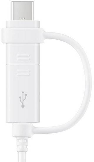 Bílý USB-C adaptér s odnímatelným kabelem, který lze použít pro přenos dat nebo nabíjení zařízení.