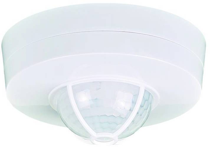 Válcový bílý pohybový senzor umístěný na stropě, vybavený polokulovou čočkou uprostřed, určený pro detekci pohybu.