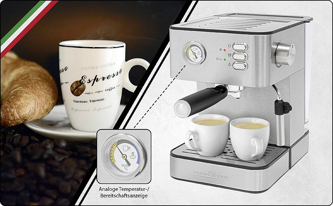 Nerezový espresso kávovar se dvěma plnými šálky kávy, vedle detail analogového teplotního a pohotovostního ukazatele.