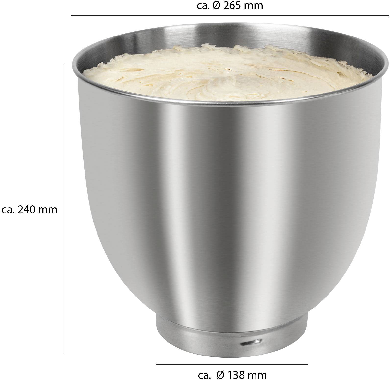 Velká stříbrná míchací mísa o průměru 265 mm a výšce 240 mm, naplněná krémovou hmotou.
