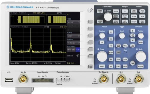 Rohde & Schwarz RTC1002EDU digitální osciloskop Kalibrováno dle (ISO), 50 MHz, 2kanálový, 2 GSa/s, 2 Mpts, 8 Bit, generátor funkcí, logický analyzátor, testování komponent, spektrální analyzátor, funkce multimetru, 1 ks, 1335.7500P92-ISO