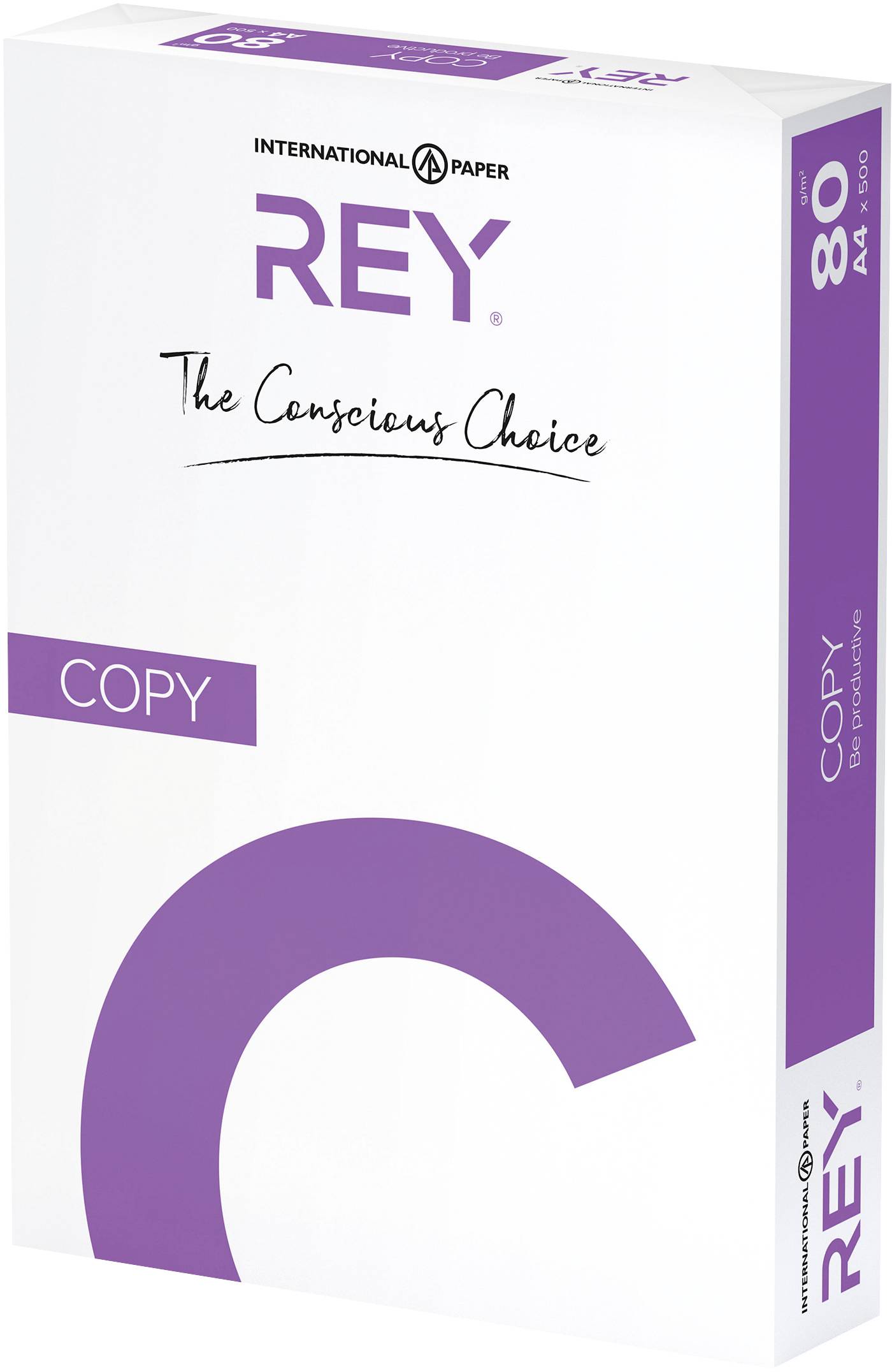 Balení bílého kopírovacího papíru značky REY 'The Conscious Choice', 80 g/m², formát A4, 500 listů, s fialovým a bílým designem.