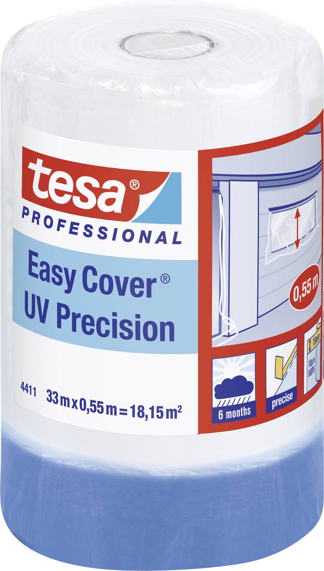 Role fólie 'tesa Easy Cover UV Precision', 33 m x 0,55 m, pro přesné zakrytí při malování.