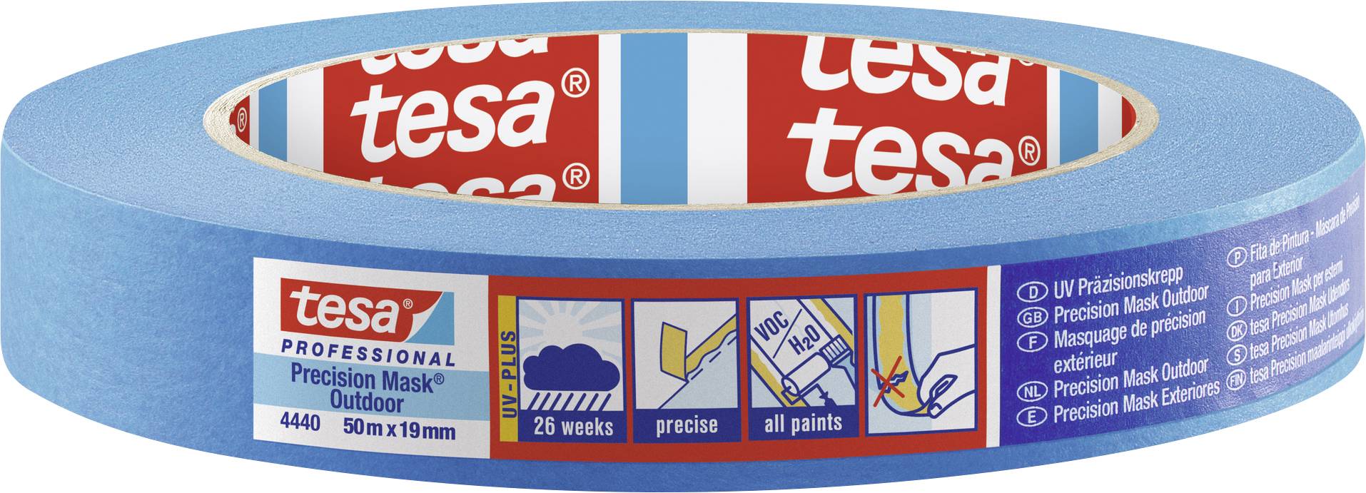 Modrá role lepicí pásky značky 'tesa' pro venkovní použití, 50m x 19mm. Vhodná pro všechny barvy, 26 týdnů odolná vůči UV záření.