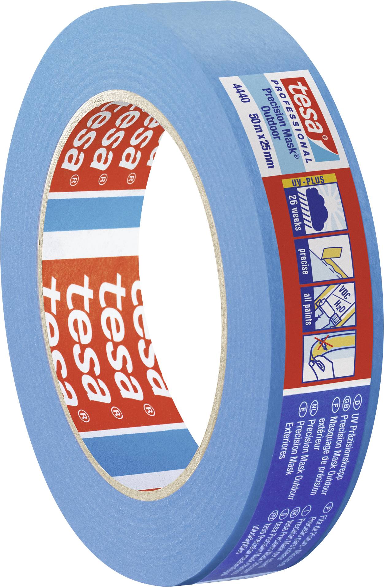 Modrá lepicí páska značky 'tesa' s červeným logem na etiketě. Text: 'Krycí páska pro profesionály, odolná vůči UV záření, 50m x 25mm'.