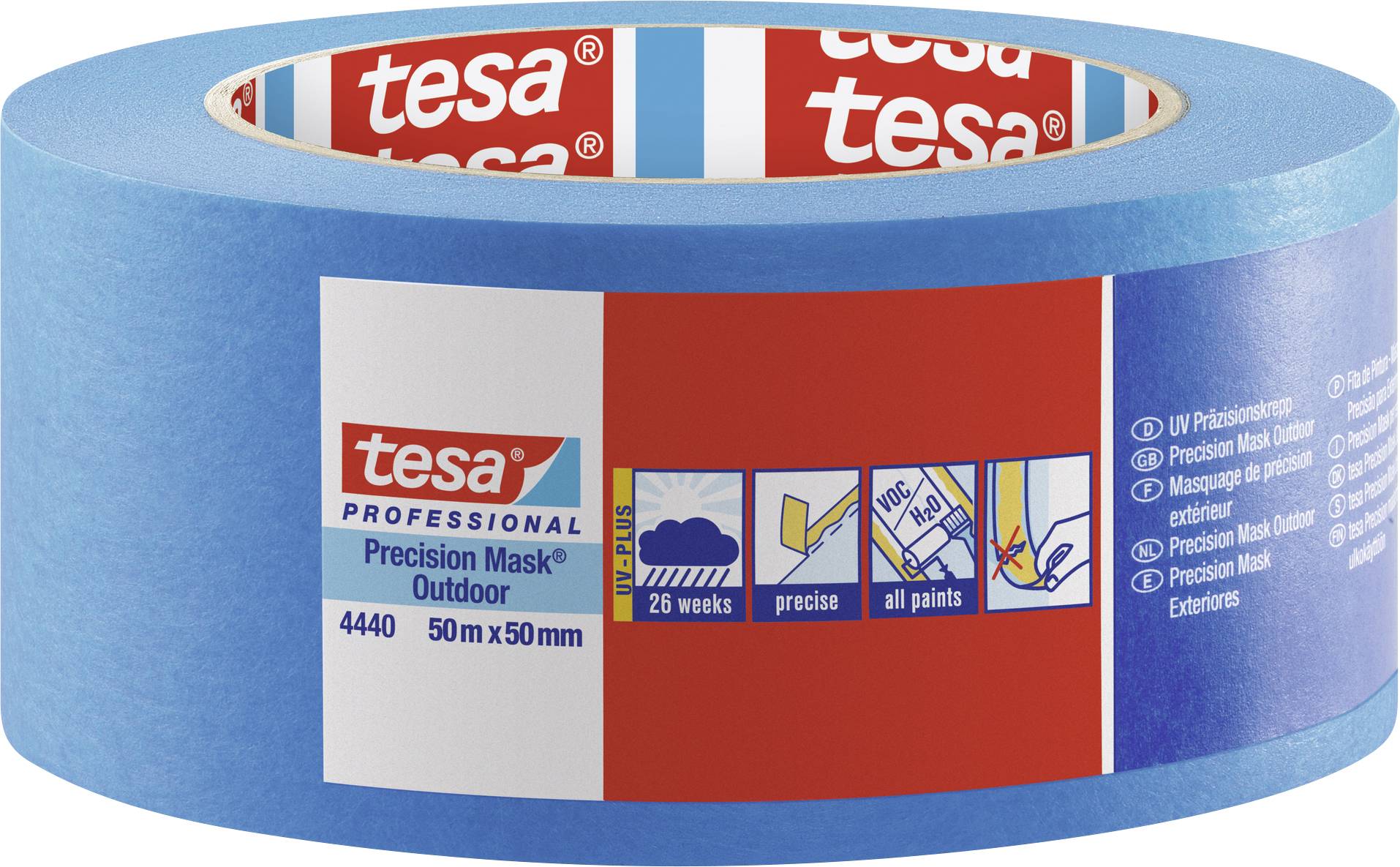 Modré malířské lepicí pásky značky Tesa Professional, vhodné pro venkovní použití, 50 mm x 50 m, přesné zakrytí, odolné vůči povětrnostním vlivům.