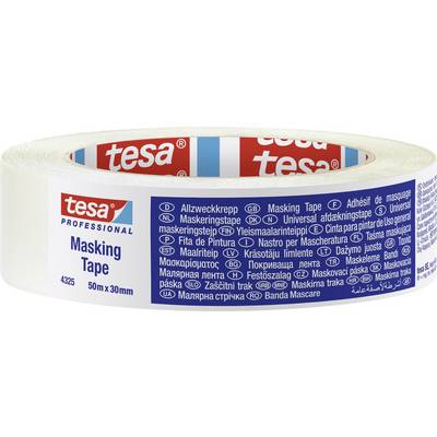 Role bílé lepicí pásky značky 'Tesa' v modro-červeném obalu. Nápis 'Masking Tape', 50 m x 30 mm.