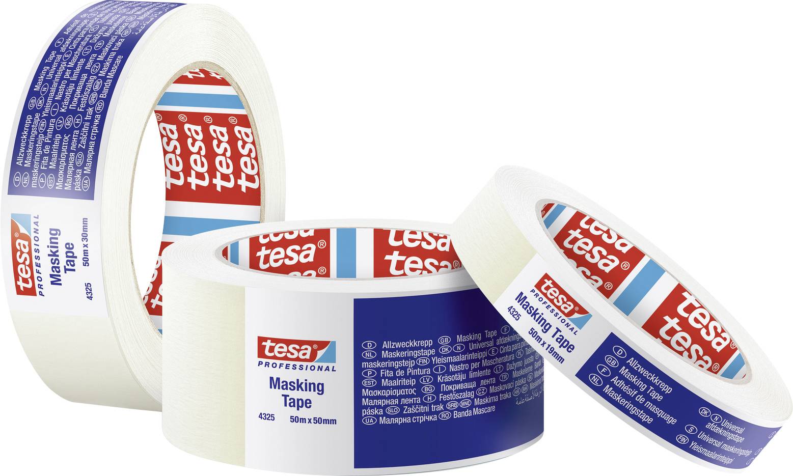 Tři role lepicí pásky pro maskování, dvě stojící a jedna ležící, s červeno-modrým obalem.