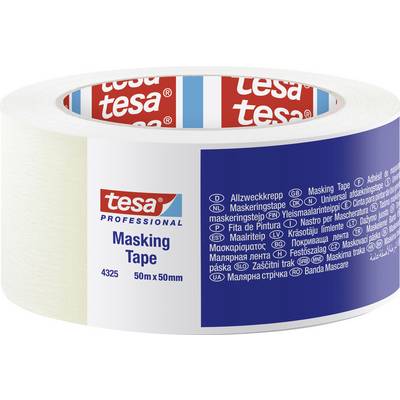 Maskovací páska Tesa, 50m x 50mm, s vícejazyčným štítkem. Vhodná pro profesionální použití a univerzální krycí práce.