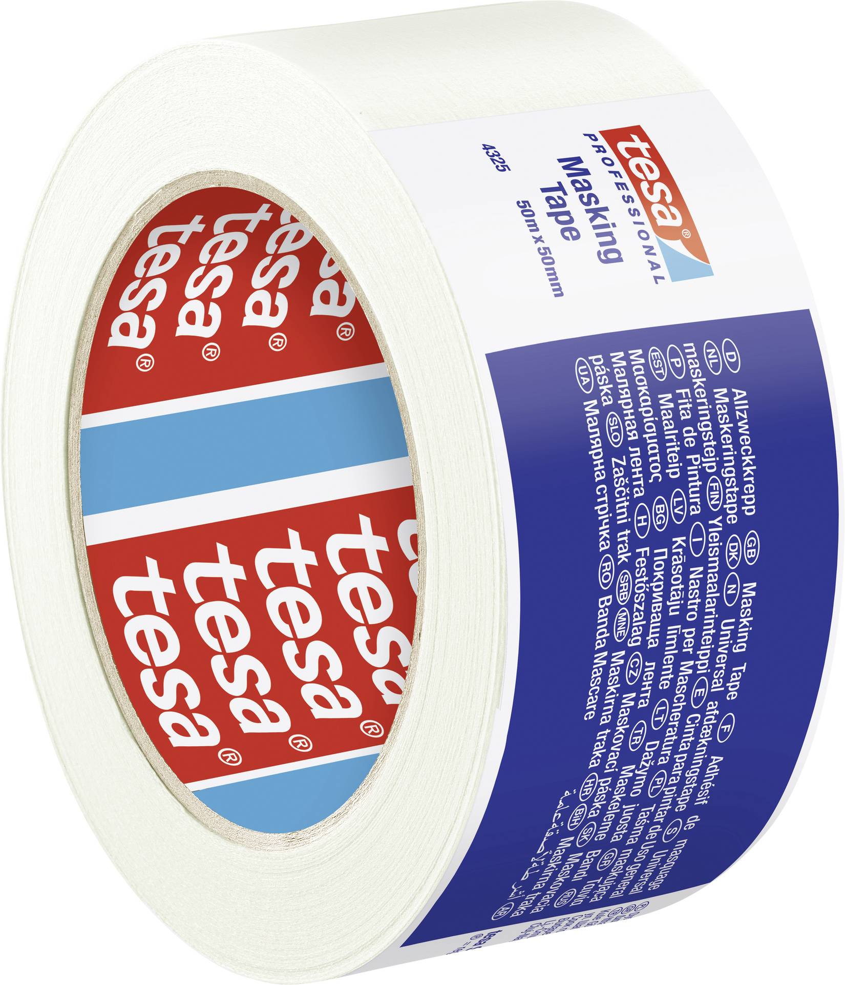Bílá role lepicí pásky od 'tesa'. Balení s modro-červeným designem, číslo produktu 04333, 50 mm x 50 m, vhodné pro malířské práce.