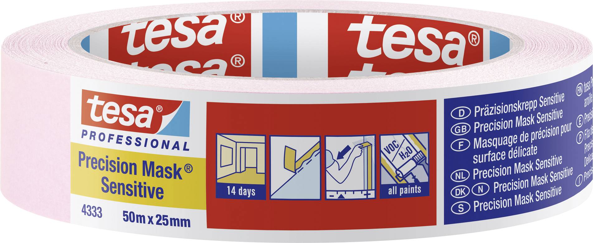 Role Tesa malířské pásky 'Precision Mask Sensitive', 50 m x 25 mm. Obal ukazuje použití pro citlivé povrchy.