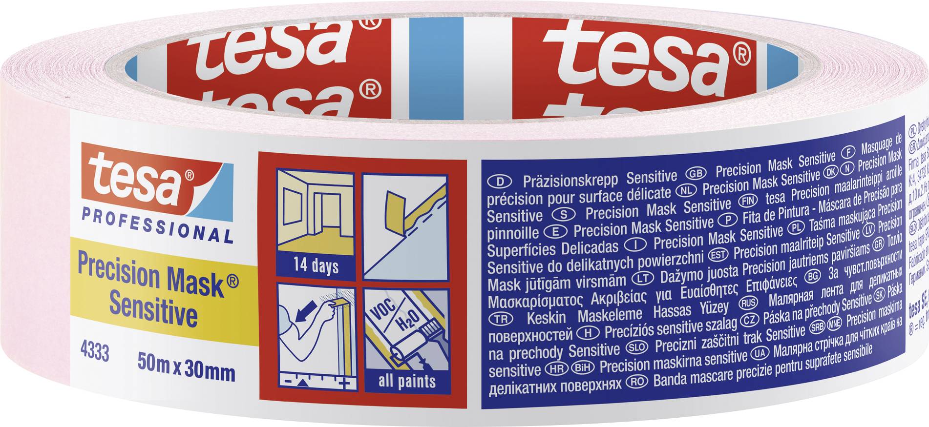 'Tesa Precision Mask Sensitive' lepicí páska, 50m x 30mm. Pro citlivé povrchy, bez pozůstatků po 14 dnech, vhodná pro všechny barvy.