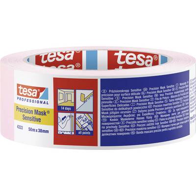 Role žlutého přesného krycího pásku značky tesa, vhodného pro citlivé povrchy, dlouhého 50 m a širokého 38 mm.