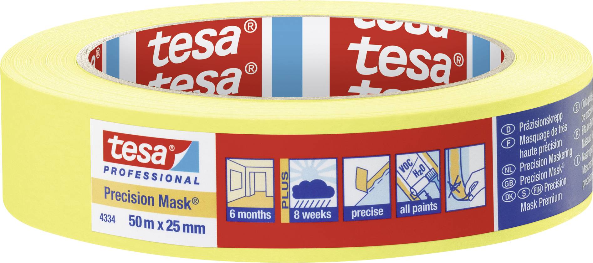 Role žlutého malířského pásku značky 'tesa', s potiskem 'Precision Mask'. Délka: 50 m, šířka: 25 mm. Vhodný pro přesné práce.