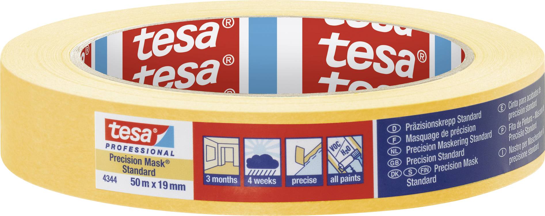 Lepicí páska Tesa, 'Precision Mask Standard', 50 m x 19 mm. Žlutá, pro přesné maskování, drží 3 měsíce, vhodná pro všechny barvy.