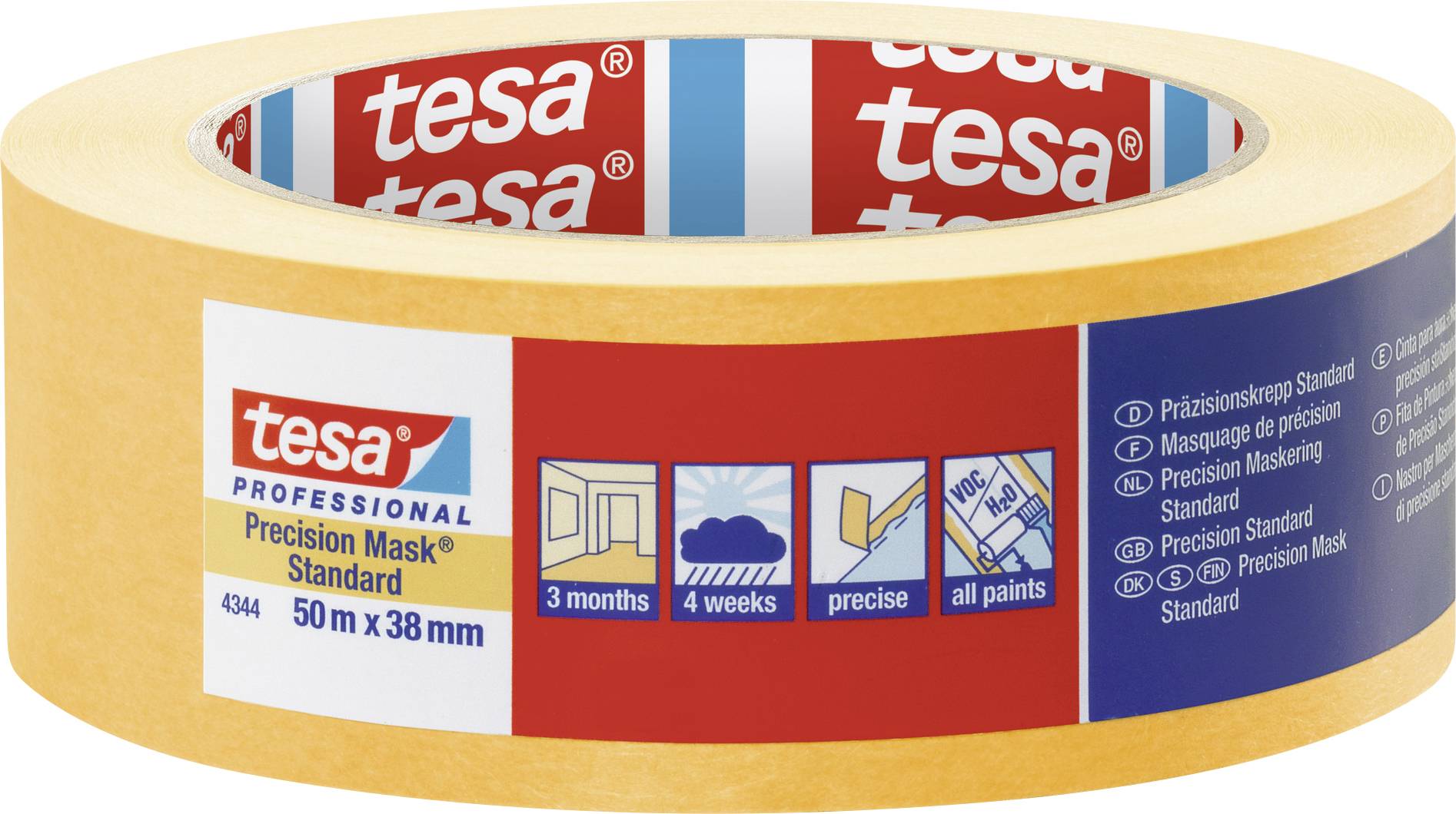 'Role Tesa přesné krycí pásky, 50 m x 38 mm. Vhodná pro přesné práce, drží až 4 týdny, použitelná se všemi barvami.'