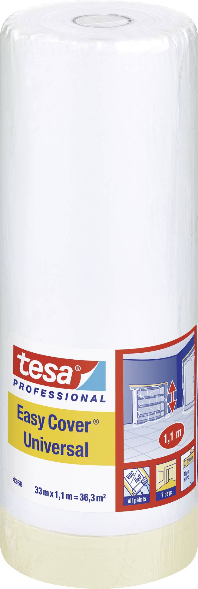 Role Tesa Easy Cover Universal: 1,1 m x 33 m, což představuje 36,3 m². Na obrázku je znázorněno použití pro ochranu oken a hran při malování.