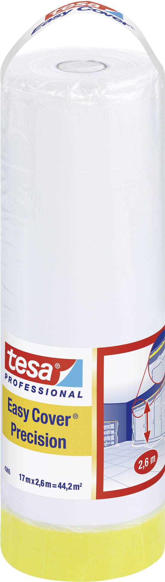 Role profesionální ochranné fólie Tesa Easy Cover Precision. Na obalu je žlutá fólie a tisk '17m x 2,6m = 44,2m²'.