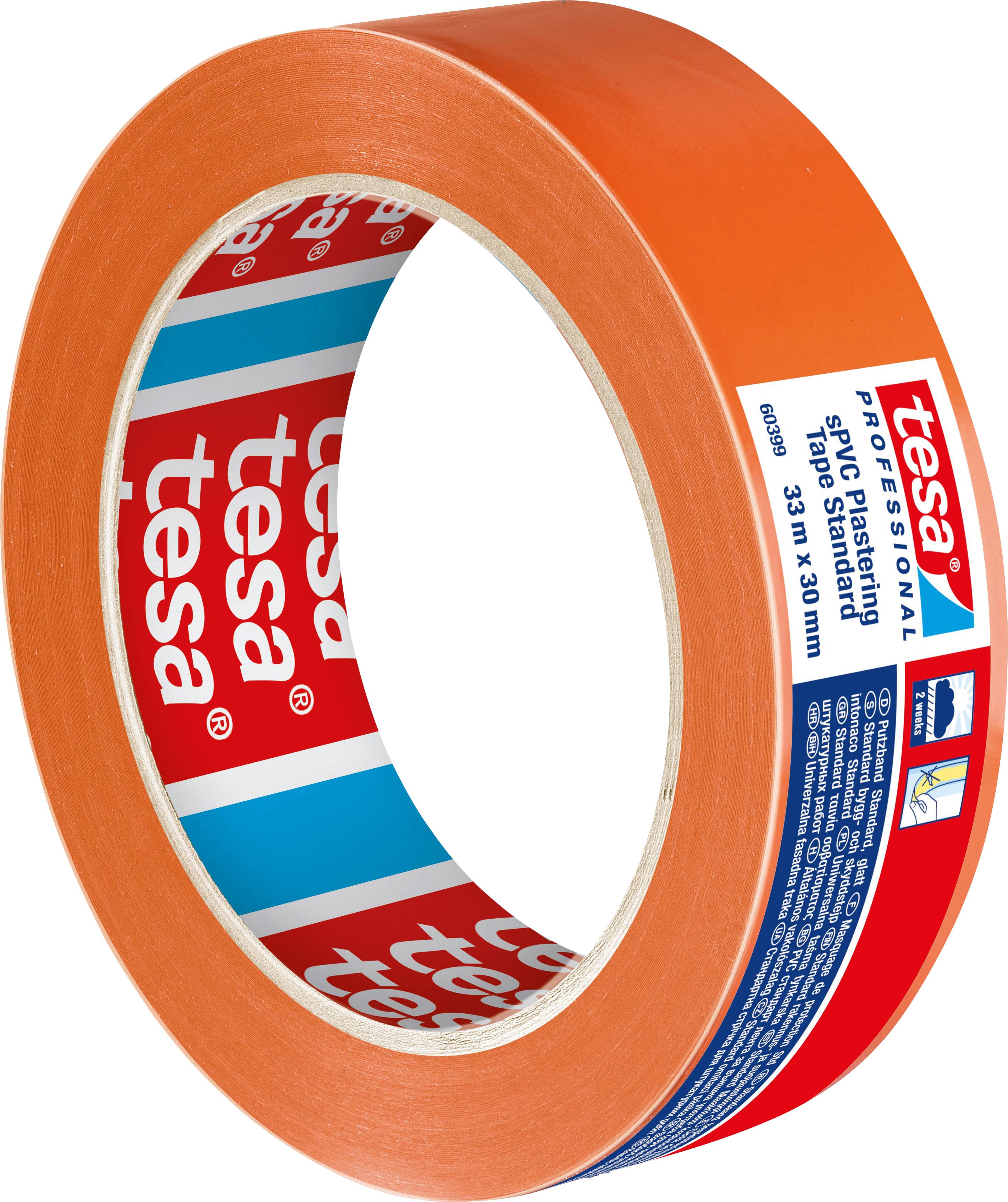 Role oranžové krycí pásky značky 'tesa', 33 m dlouhá a 30 mm široká, s etiketou pro profesionální použití.